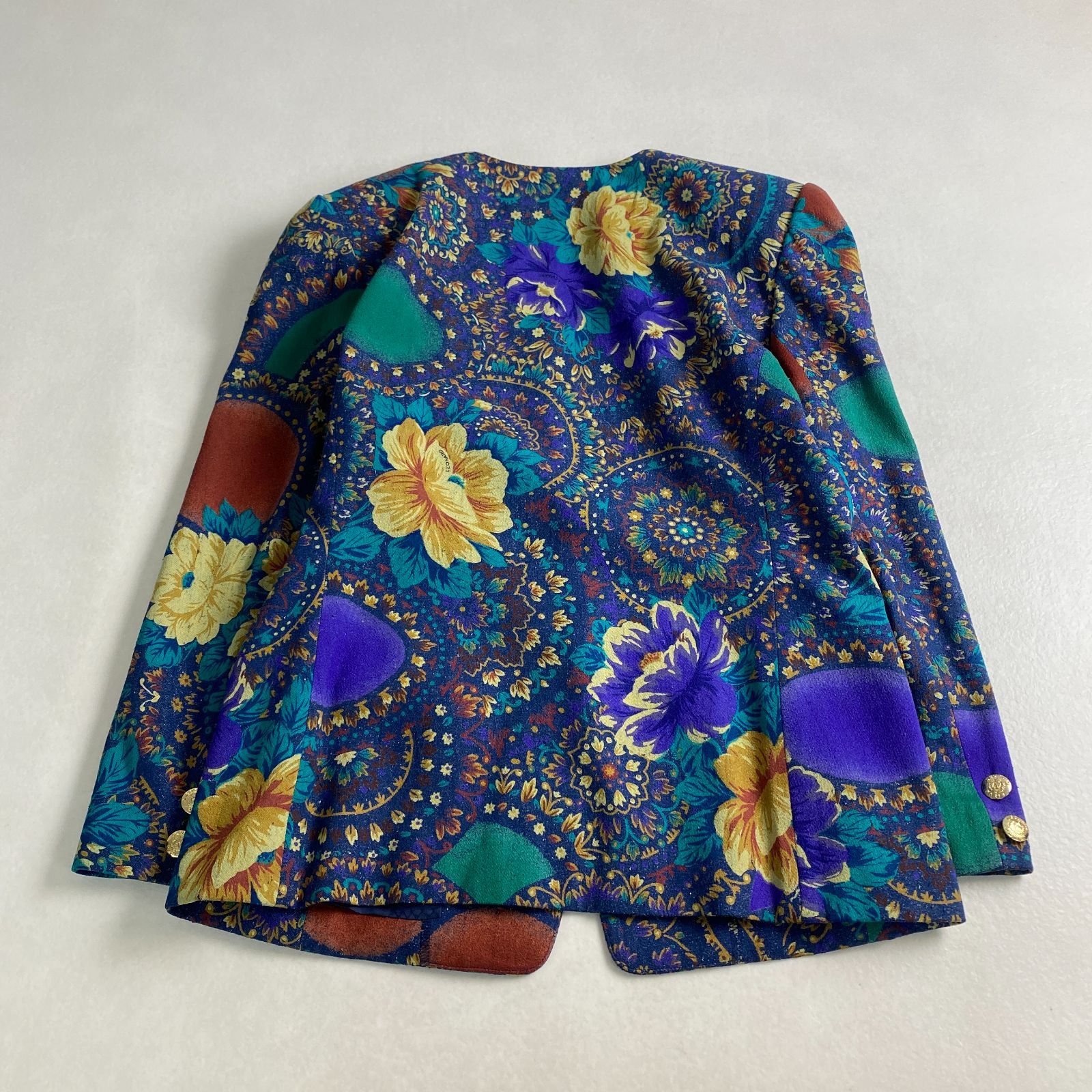 レオナール ノーカラージャケット デニム 花柄 金ボタン L LEONARD シルク 11号