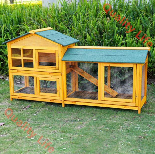 屋外用ウサギ小屋 傾斜ランとトレイ付きの2階建てウサギケージ