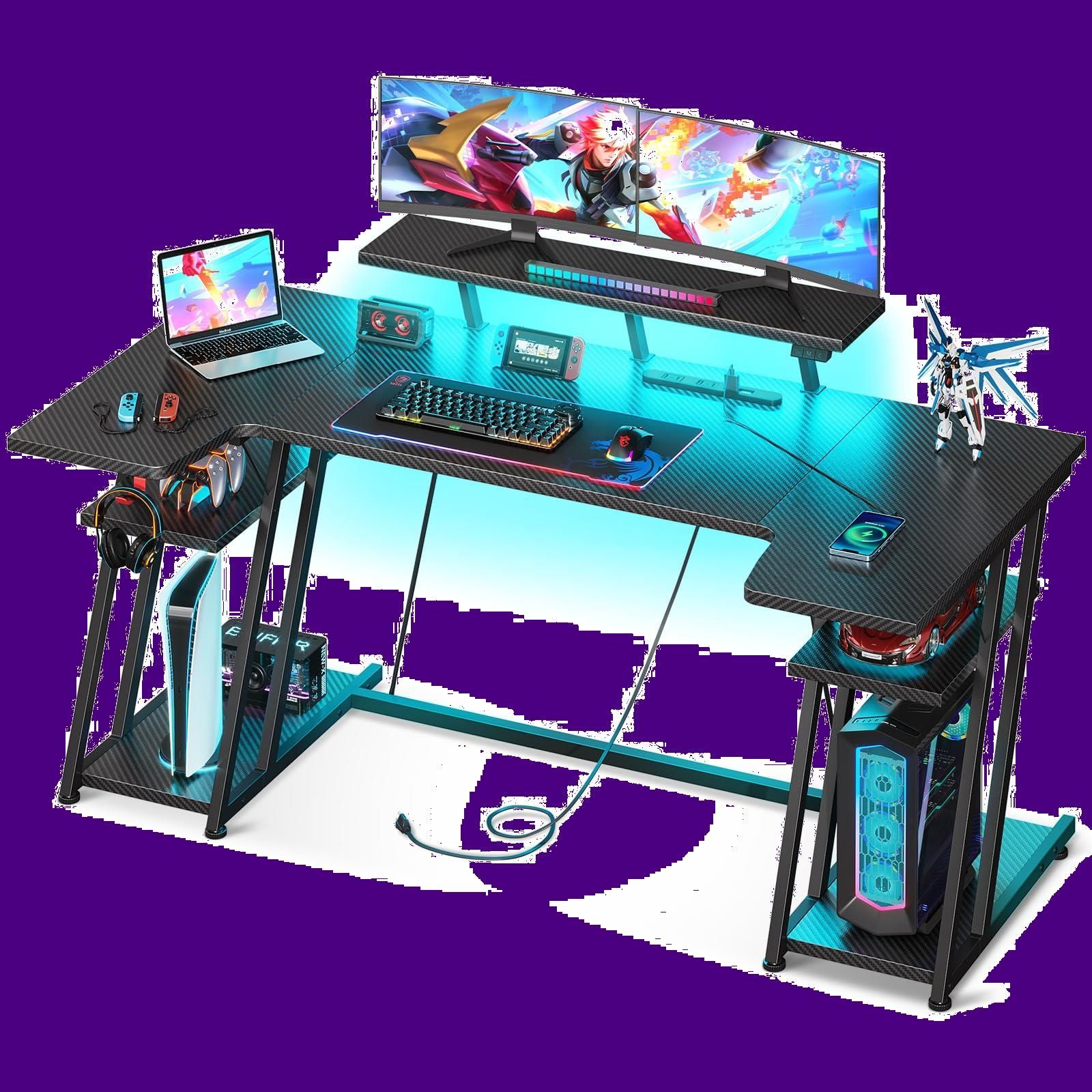 カップホルダーとフックは360度移動収納 収納ラック2段付き 安定丈夫 台下区分収納対応 パソコンデスク PCデスク 幅100㎝ オフィスデスク ゲームデスク ゲーミングデスク カーボン調天板 ブラック MOTPK ブラック 幅100cm