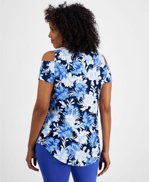 売れ筋商品|||ジェイエムコレクション カットソー トップス レディース Women's Printed Short-Sleeve Cold-Shoulder Top, Created for Macy's Blue Riviera Tiles ジェイエムコレクション レディース カットソー トップス