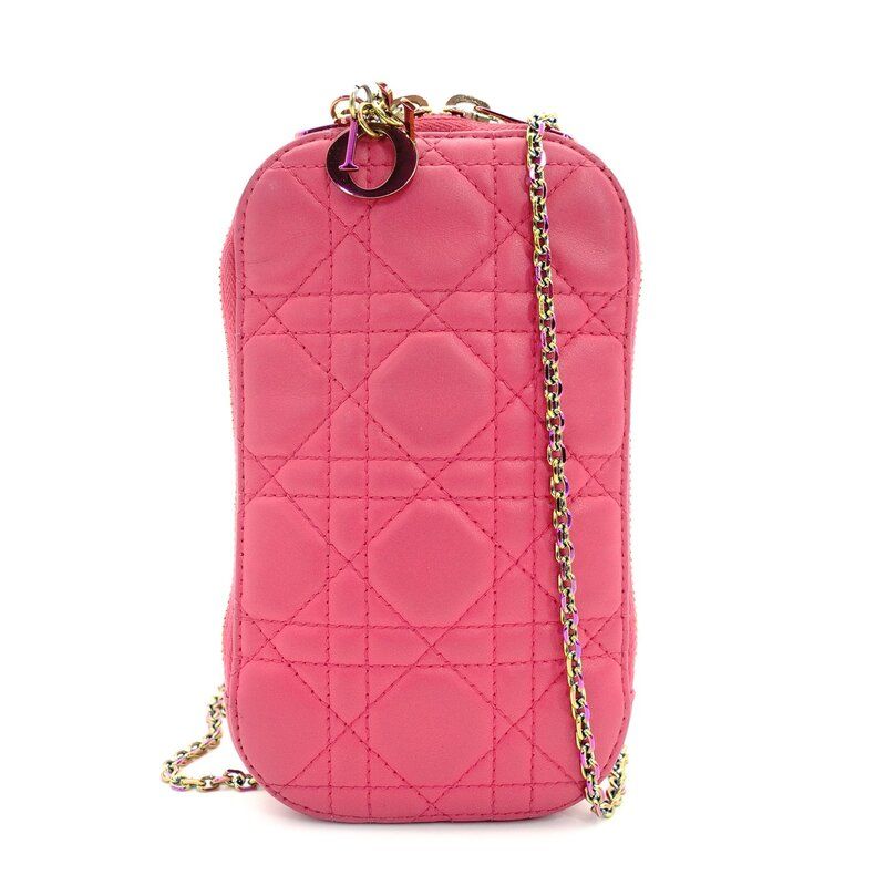 クリスチャン ディオール Christian Dior チェーン ショルダーバッグ フォンホルダー ピンク レザー 7-9-381