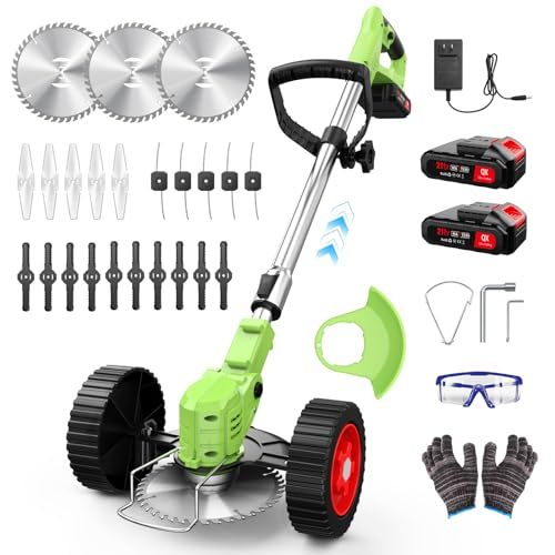 草刈り機 充電式 21V 4000mAhのバッテリー総容量 強力電動草刈り機 1880W 低騒音 補助ホイール 伸縮可 角度調整可 多替刃付き 農業および家庭用の芝刈り機 充電式 日本語説明書付き 緑07mp