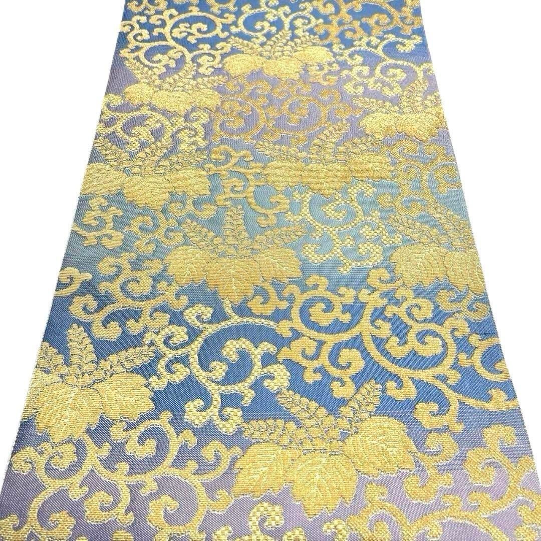 未着用 金華山織 輪奈ビロード 唐草 市松 桐の花 袋帯 着物 034a