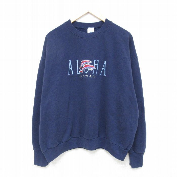 XL/古着 長袖 スウェット メンズ 90s イルカ ハワイ 刺繍 クルーネック 紺 ネイビー 25feb18 中古 スエット トレーナー トップス