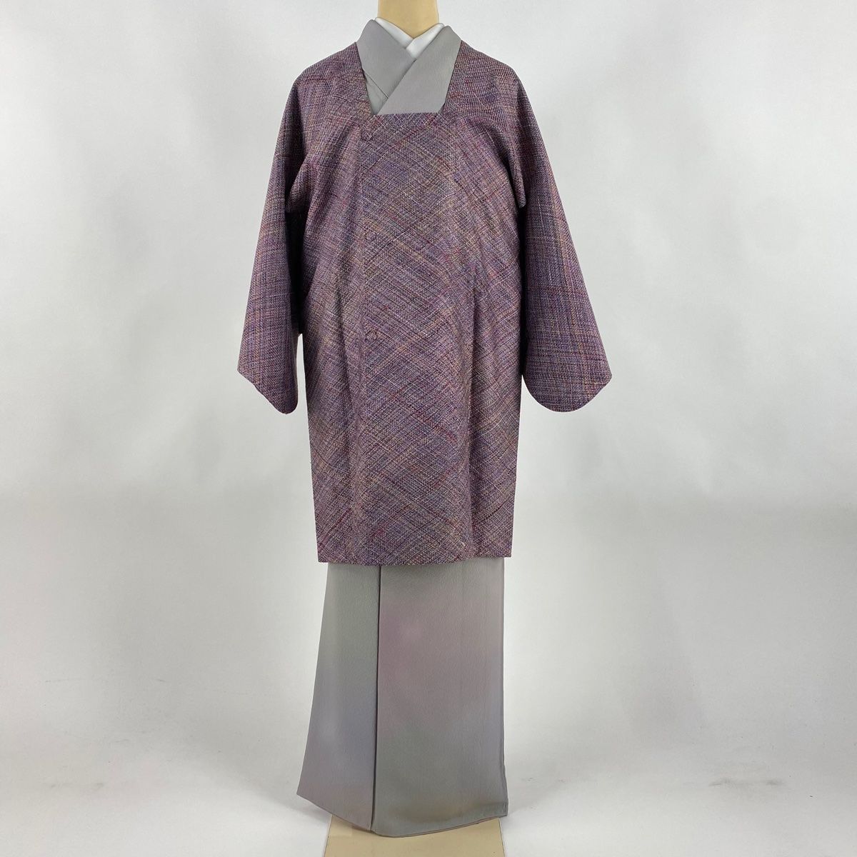 道行 身丈93.5cm 裄丈62.5cm S 和装コート 角衿 ストール付 斜め格子 紫 正絹 秀品