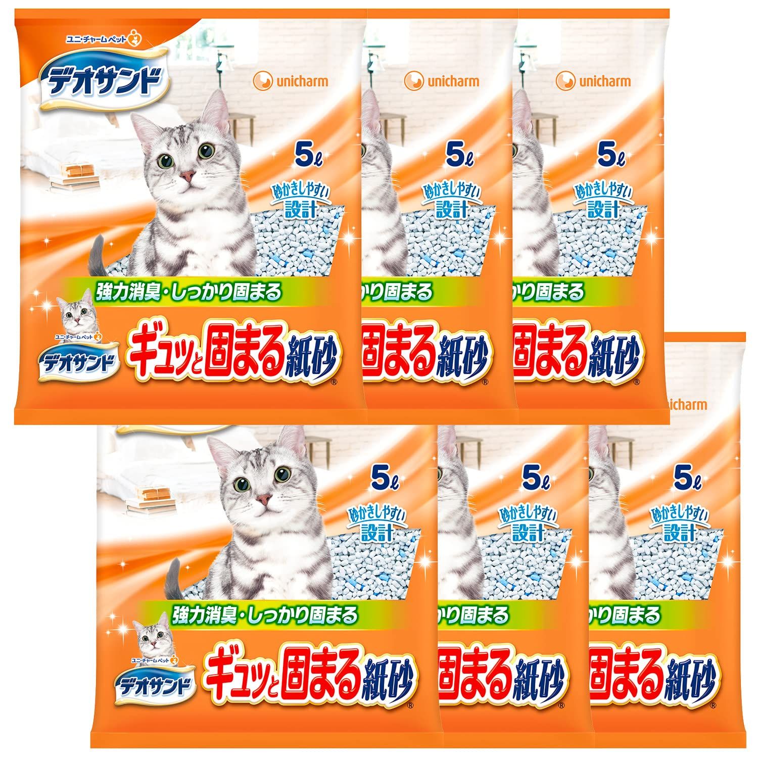 【迅速発送】【まとめ買い】デオサンド 猫用 サンド ギュッと固まる 紙砂 30L(5L×6) おしっこ ペット用品 ユニチャーム