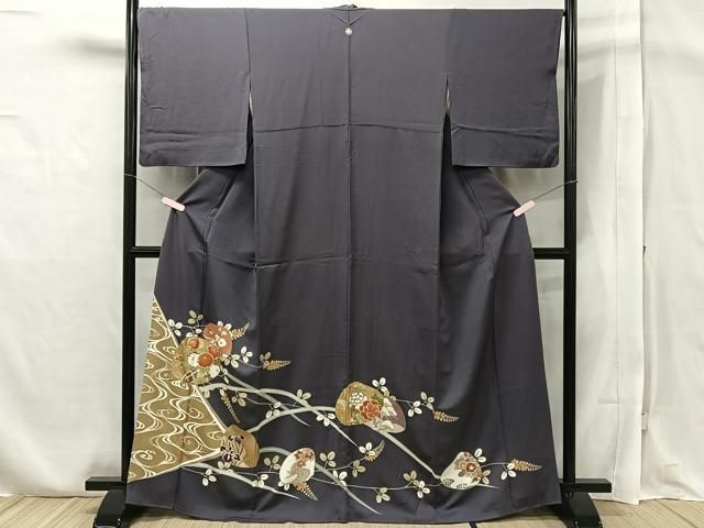 平和屋本店□極上 訪問着 駒刺繍 草花文 黒地 金彩 鬼しぼ縮緬 逸品 未  