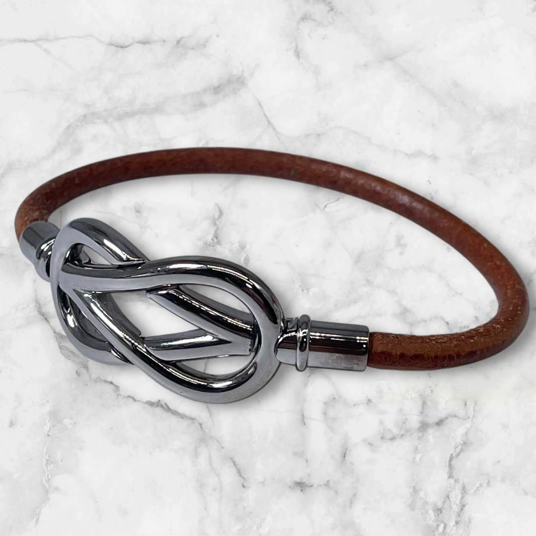HERMES エルメス アタメ ブレスレット バングル レザー シルバー 茶