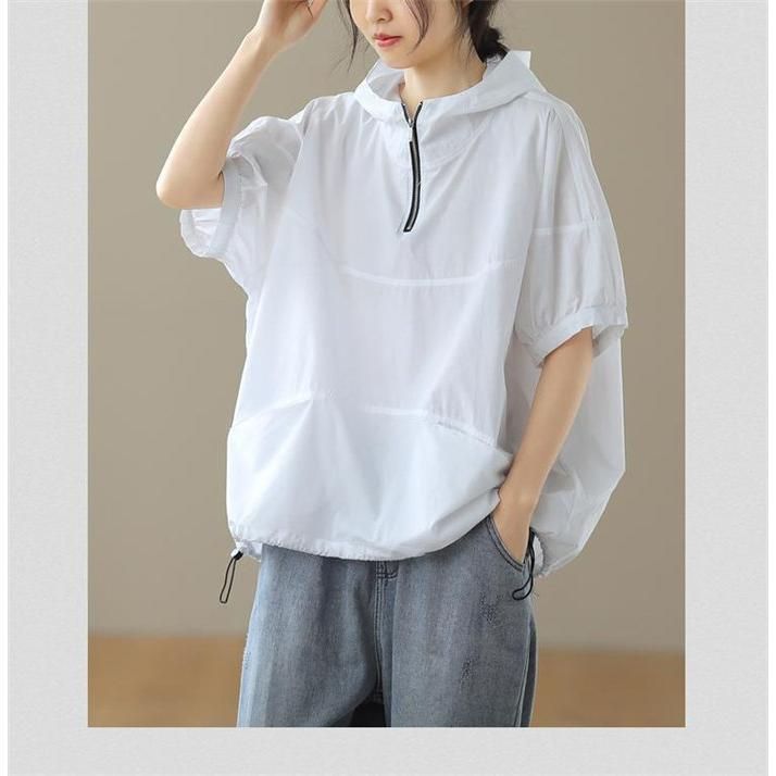 パーカー レディース ブラウス 春 夏 秋 フード付き 半袖 tシャツ 夏 ゆったり ビッグシルエット トップス 着心地 大人 体型カバー UVカット プルオーバー パーカー レディース ブラウス 春 夏 秋 フード付き 半袖 t
