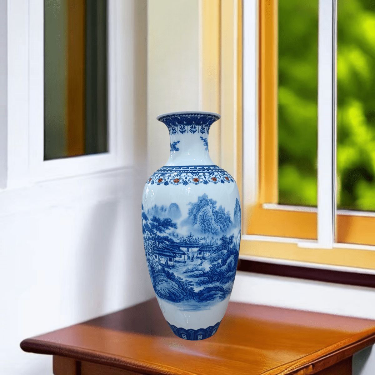 景徳鎮青花瓷花瓶 | 複雑な風景デザインのレトロエレガンス