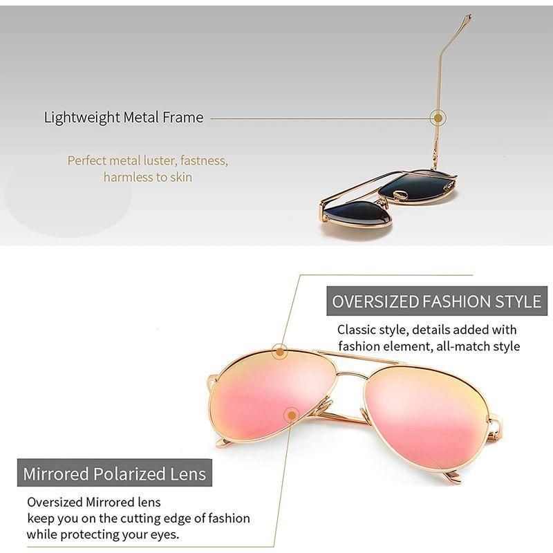 レディース 軽量 オーバーサイズ アビエーター サングラス - ミラー偏光レンズ ライトゴールドフレーム ピンクミラーレン