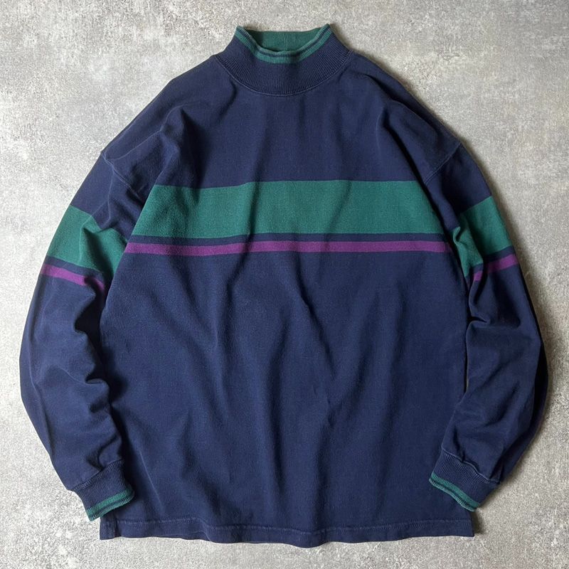 80s USA製 LLBean モックネック ボーダー 長袖 Tシャツ L / 80年代 