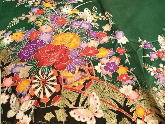 平和屋着物[]七五三 女の子 7歳 祝着 四つ身 花車舞蝶文 本物 金銀彩