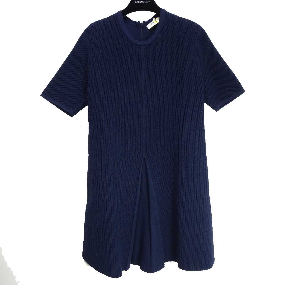 バレンシアガ 半袖 フ ワンピース 膝丈 42 ネイビー ハンガー付 レディース BALENCIAGA