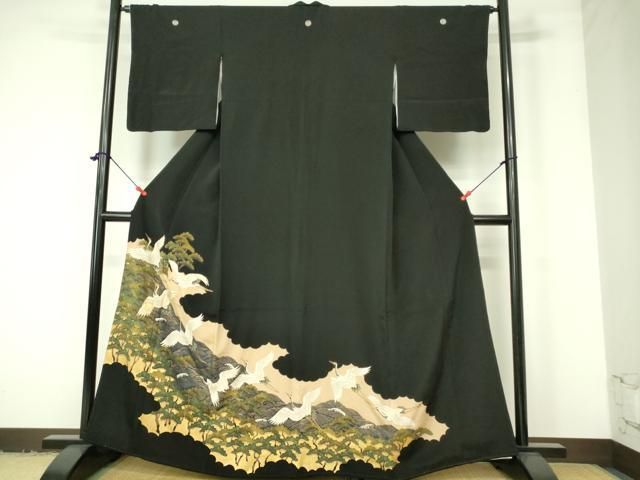平和屋着物□豪華黒留袖 駒刺繍 飛鶴浜松文 金彩 正絹 逸品
