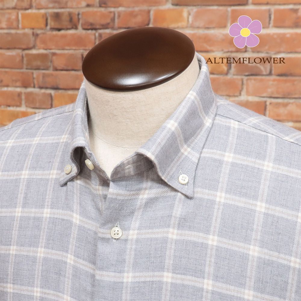 秋冬 ALTEMFLOWER 39cm ネルシャツ ウール混 あたたか チェック柄 ボタンダウン イタリア製 長袖 グレー md112