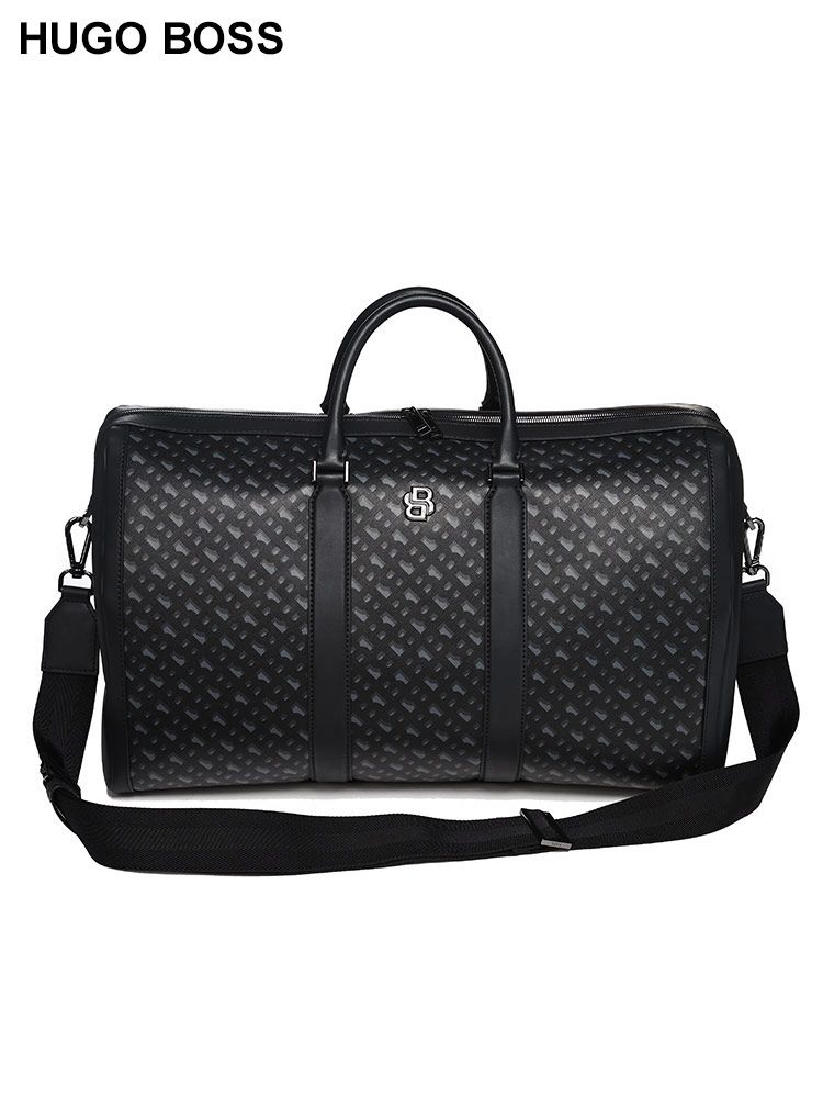 HUGO BOSS (ヒューゴボス) レザー モノグラム ストラップ付 ボストンバッグ HB50523471 メンズ (ダークグレー)
