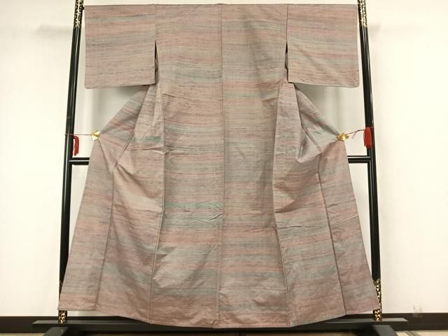 平和屋着物 紅花紬 米沢 単衣 横縞 正絹 AABA7574fy