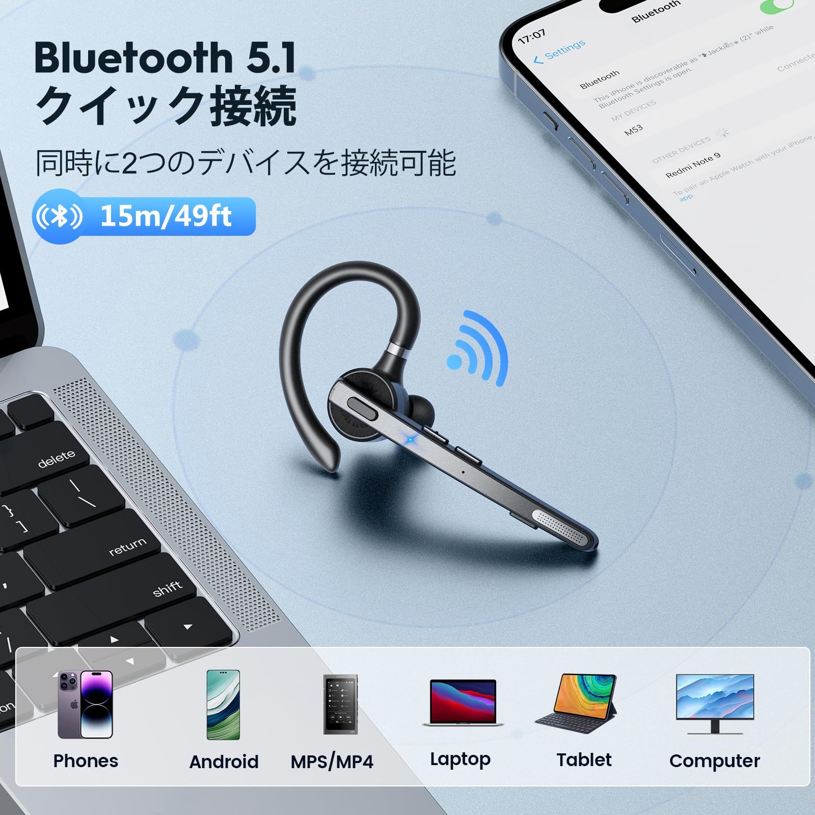 Bluetooth ヘッドセット 片耳 耳掛け式 ノイズキャンセリング Bluetooth ヘッドセット 片耳 耳掛け式 ノイズキャンセリング
