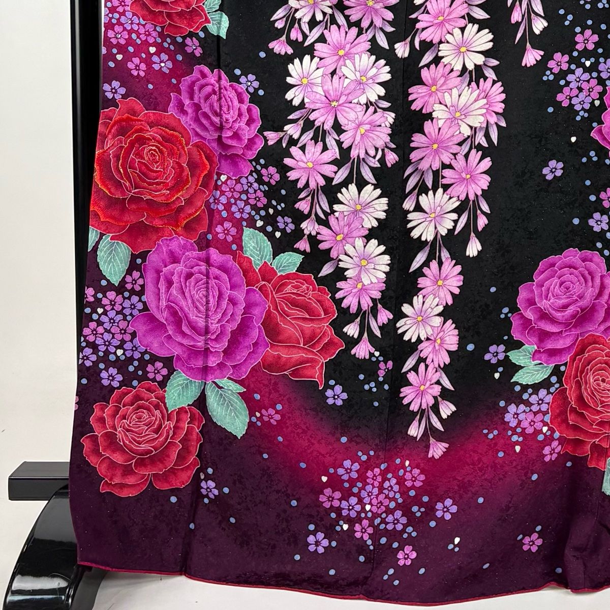 振袖 身丈172.5cm 裄丈72cm L 袷 薔薇 桜 銀通し ラインストーン 黒 正絹