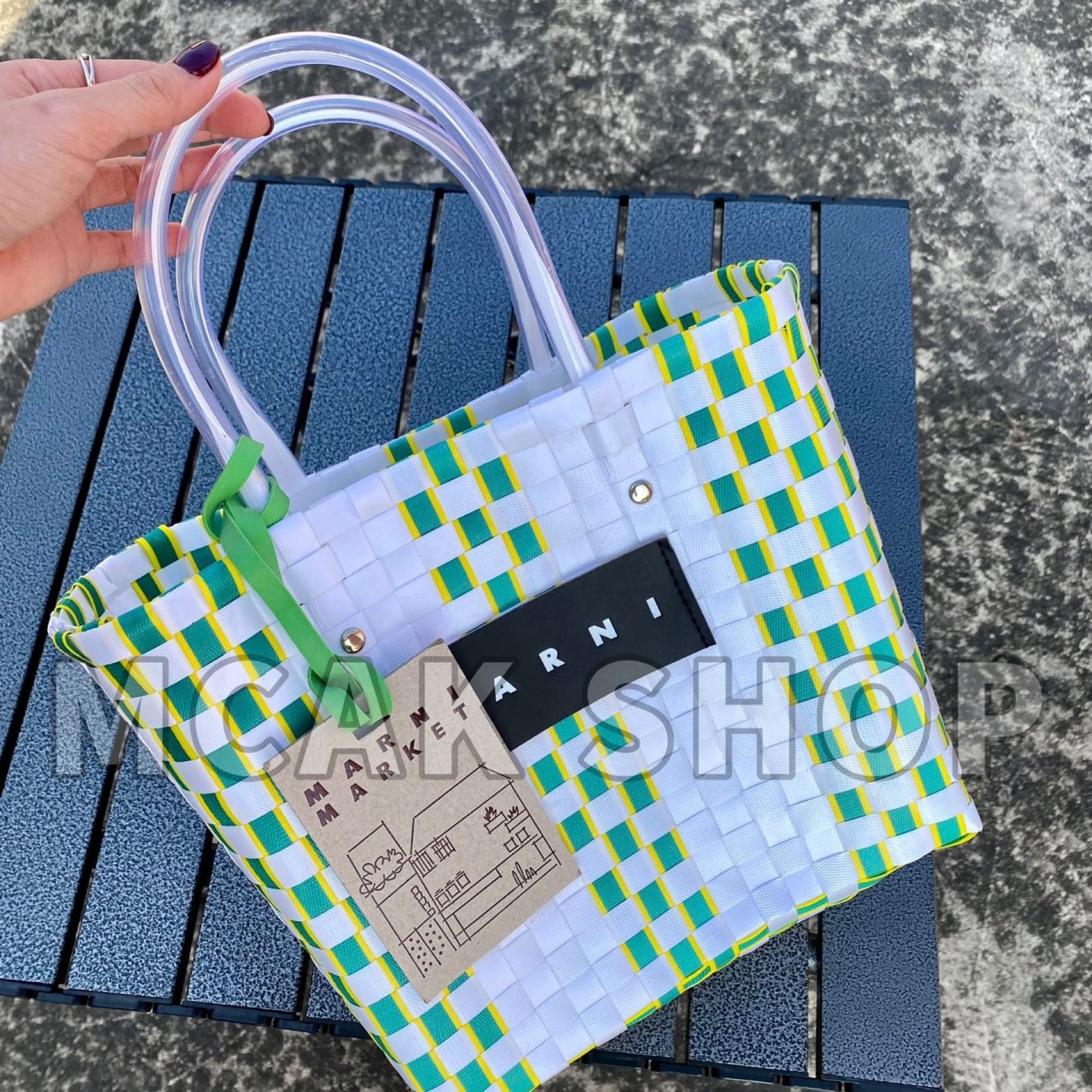 美品 MARNI MARKET マルニマーケット ファッション レディース バッグ ハンドバッグ ピクニックバッグ かごバッグ グリーン×ホワイト