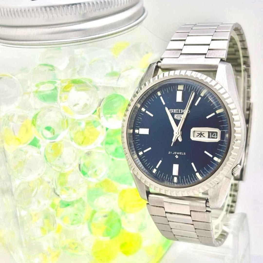 稼働 SEIKO5 セイコー５ 自動巻き メンズ 腕時計 デイデイト ブルー シルバー