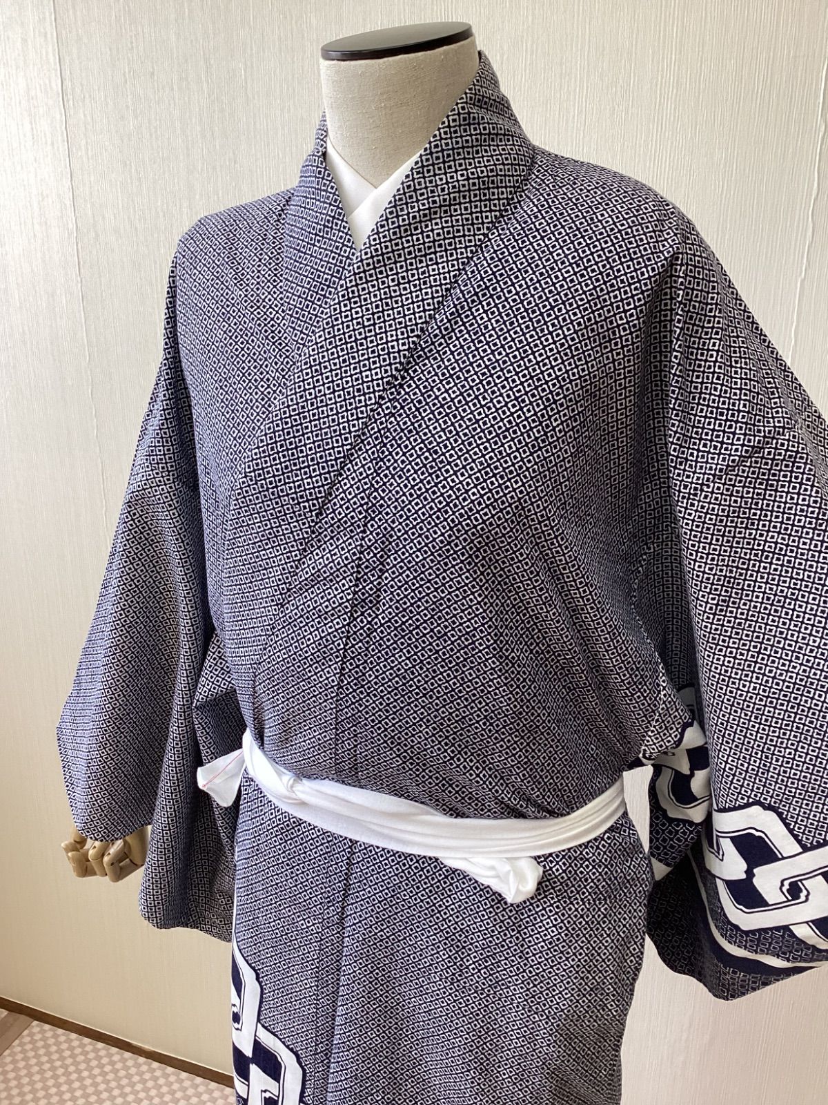 反物　着物 男物 浴衣 吉原繋ぎ 紺 注染 踊り 着物 リサイクル着物 oy-504