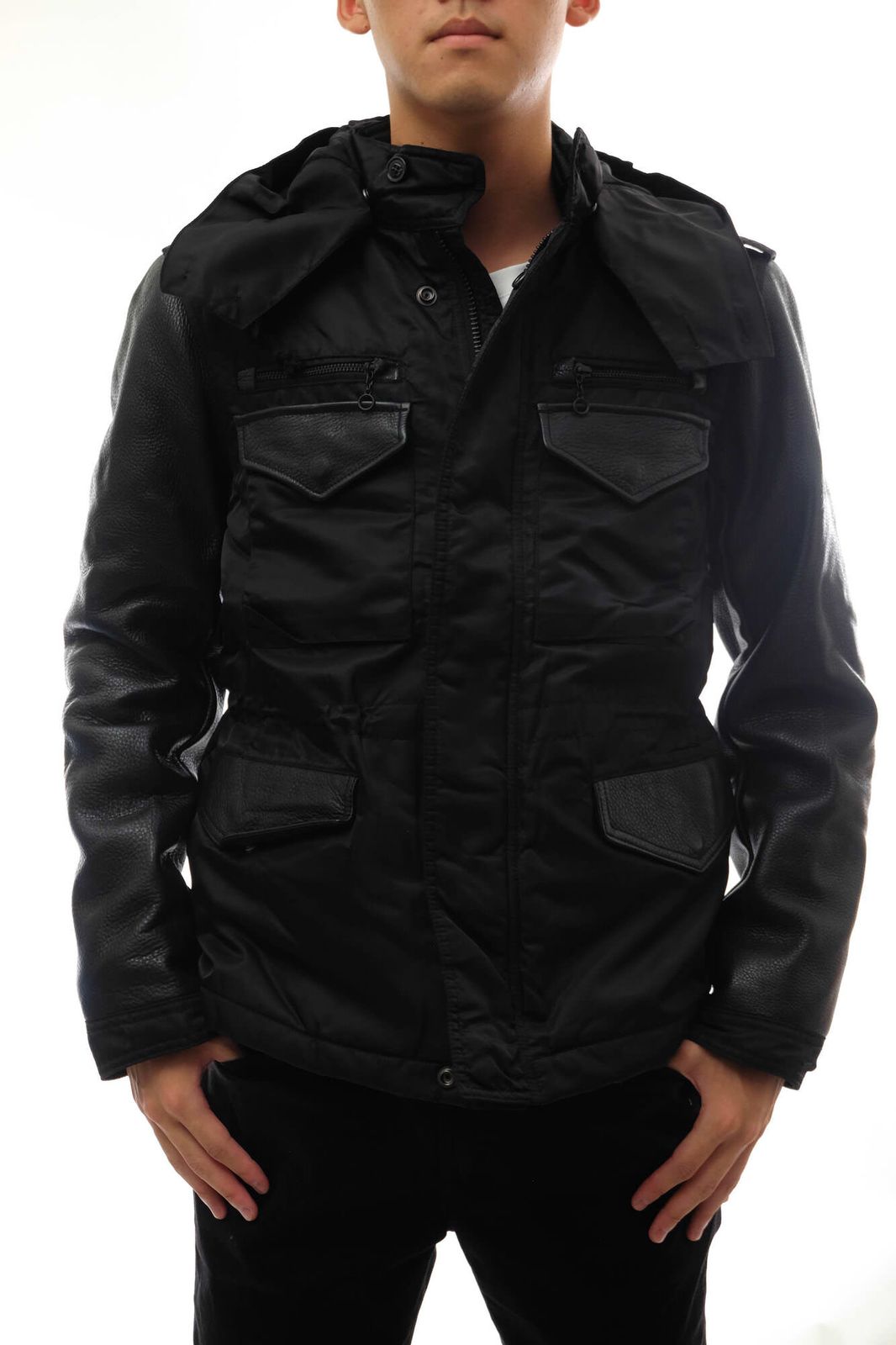 ショット／Schott フィールドジャケット JKT アウター ミリタリー メンズ 男性 男性用 ナイロン レザー 革 本革 ブラック 黒  3132060 袖レザー フード付き 中綿 M-65 ミリタリー