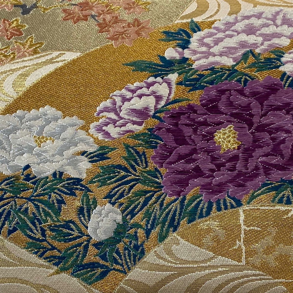 袋帯 美品 逸品 じゅらく 落款 帝王紫 関西仕立て 扇面 草花