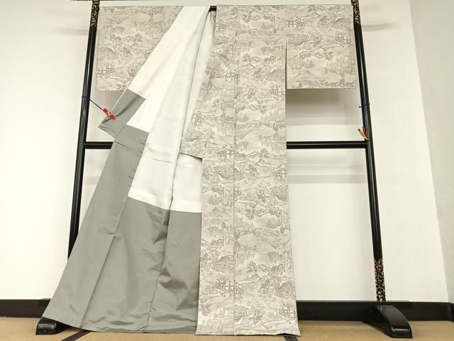 平和屋着物○本場大島紬 白大島 カタス9マルキ 人物風景文 正絹 逸品