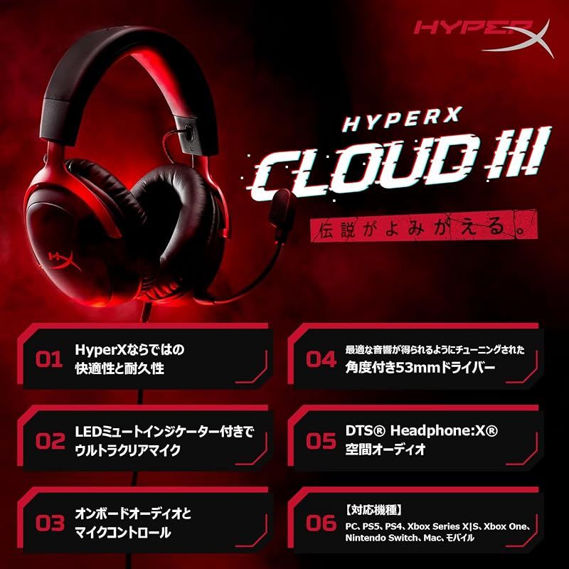 ハイパーエックス HyperX HyperX Cloud III ゲーミングヘッドセット DTS Headphone X空間オーディオ 53mmドライバー搭載 Cloud IIの 快適性 ブラック PC PS5 PS4 Xboxシリーズ Nintend 0