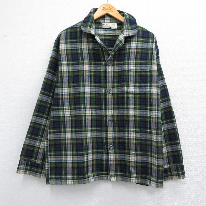 L/古着 エルエルビーン LLBEAN 長袖 パジャマ フランネル シャツ メンズ 00s コットン 開襟 オープンカラー 緑他 グリーン チェック 25feb1