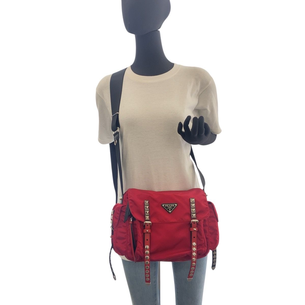 美品 PRADA プラダ ヴィンテージ テスート 三角ロゴプレート レッド 