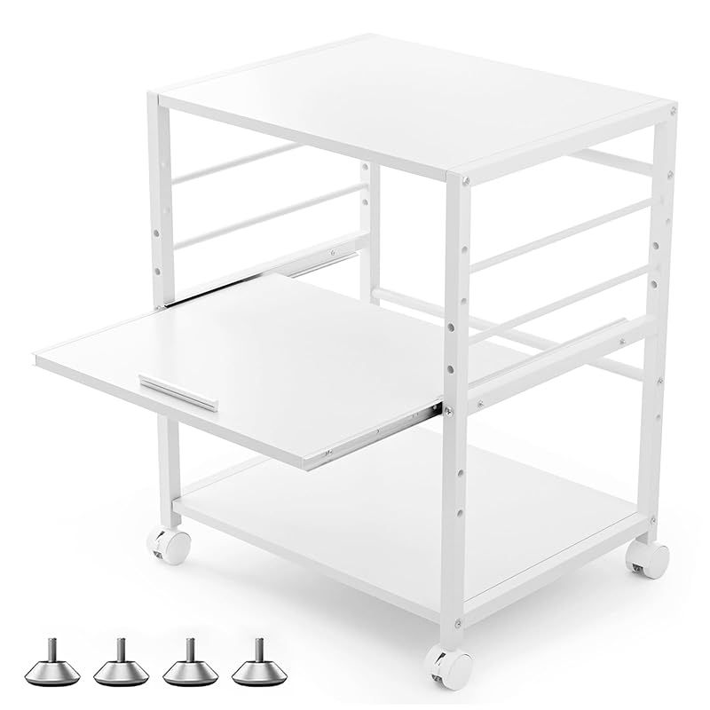 DEWEL プリンター台 キャスター付き ワゴン ラック 木製 3段 デスクワゴン 机下収納 サイドワゴン プリンターカート 収納 中棚スライド式 棚板高さ調節 幅50×奥行40×高さ64cm ホワイト 1