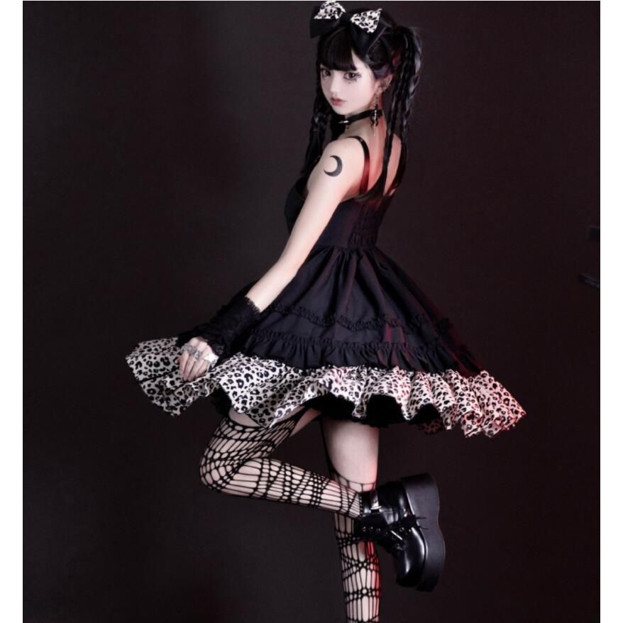 ジャンパースカート ロリータ ワンピース パンク ゴシック ゴスロリ ロリータ ドレス ショート丈 膝丈 暗黒系 ロリータ服 lolita フェイクレザー切替 ワンピース