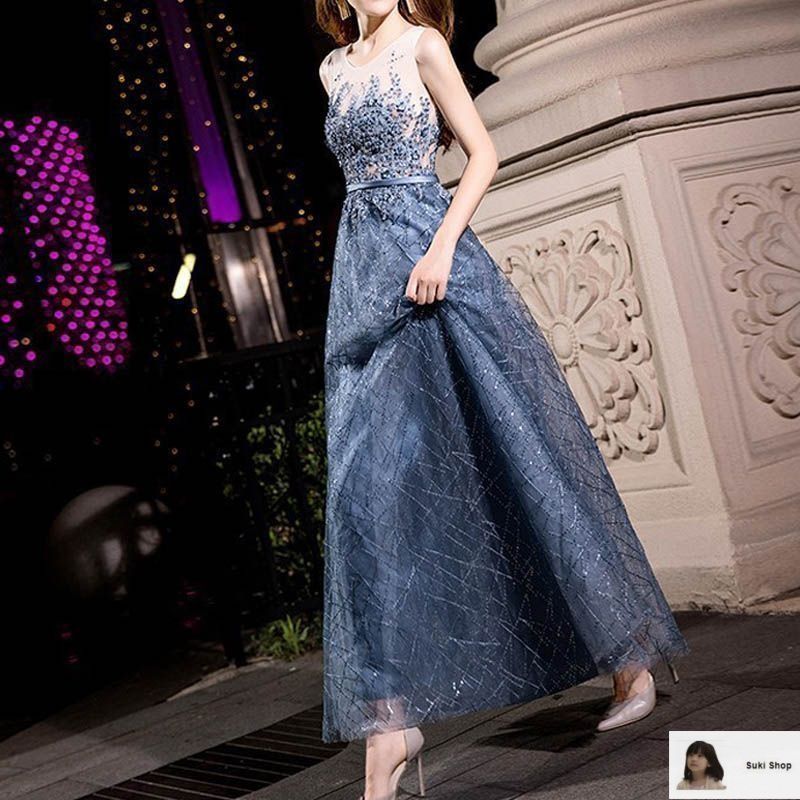 カラードレス 青 安い イブニングドレス 花嫁 ロング パーティードレス