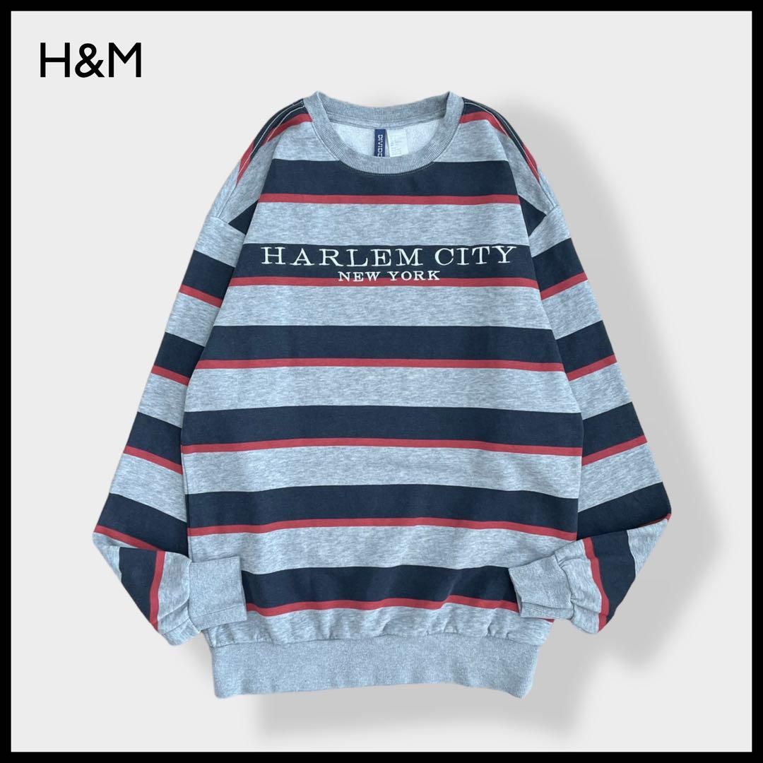 H&M】HARLEM CITY 刺繍 ボーダー スウェット トレーナー 古着