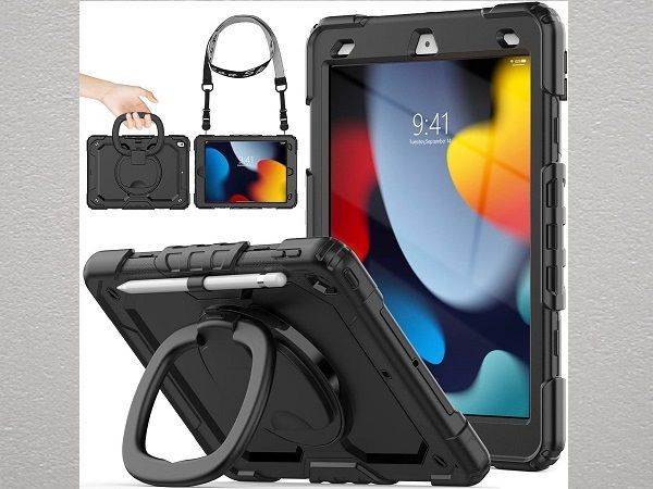 SEYMAC stock iPadケース 第9/8/7世代 リングハンドル 耐衝撃 ケース 10.2インチ専用 黒 新品 ペン収納 ショルダーストラップ フィルム付