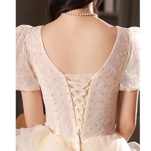 C270 キラキラ チュール トレーン ミディアムドレス 華やか 二次会  