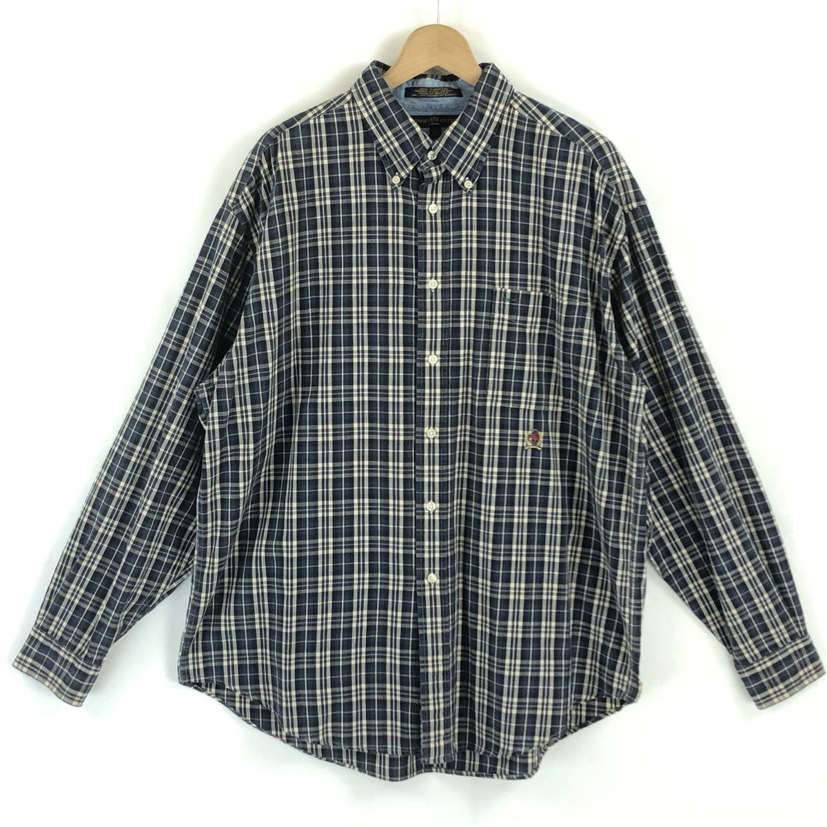 【古着】 TOMMY HILFIGER トミー・ヒルフィガー チェックシャツ ボタンダウン 長袖 グレー系 メンズXL 【中古】 n025298