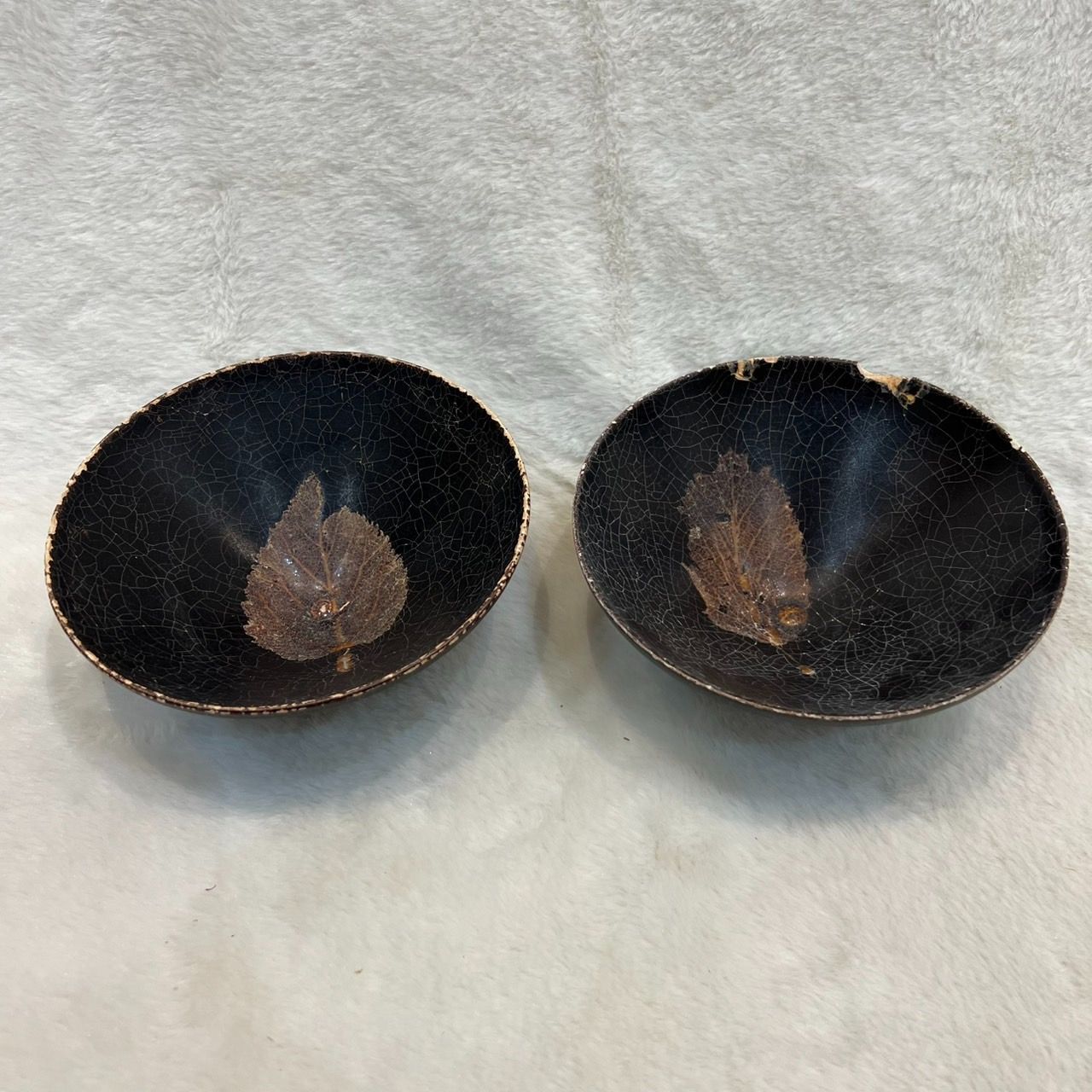 葉落し焼き 茶碗 亀裂風紋 茶道具 2点セット 陶芸骨董品