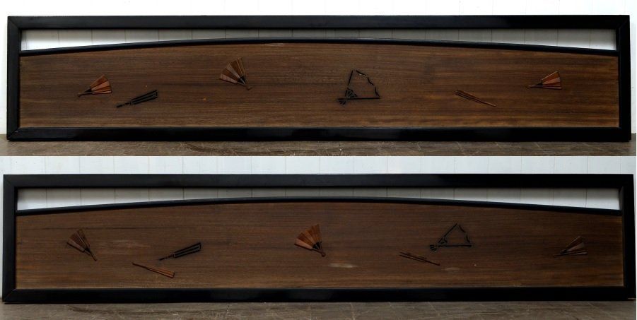 蔵A4844b 建具 欄間 木彫扇子飾 透文 一対 古民家座敷 沖縄県発送不可