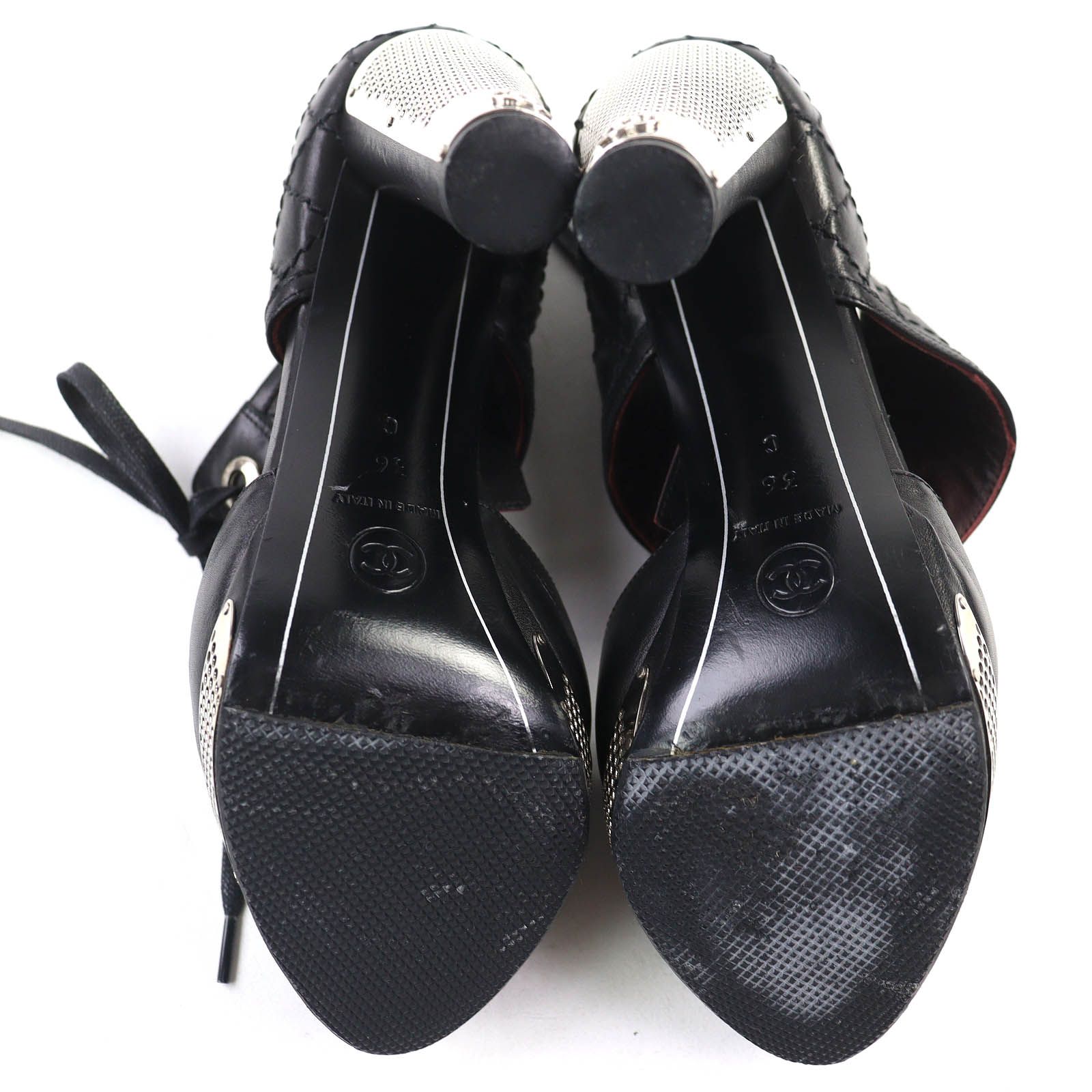 △CHANEL シャネル G26107 ココマーク マトラッセ レースアップ レザー パンプス ブラック シルバー 36 イタリア製 レディース KIN-KAAI_COM