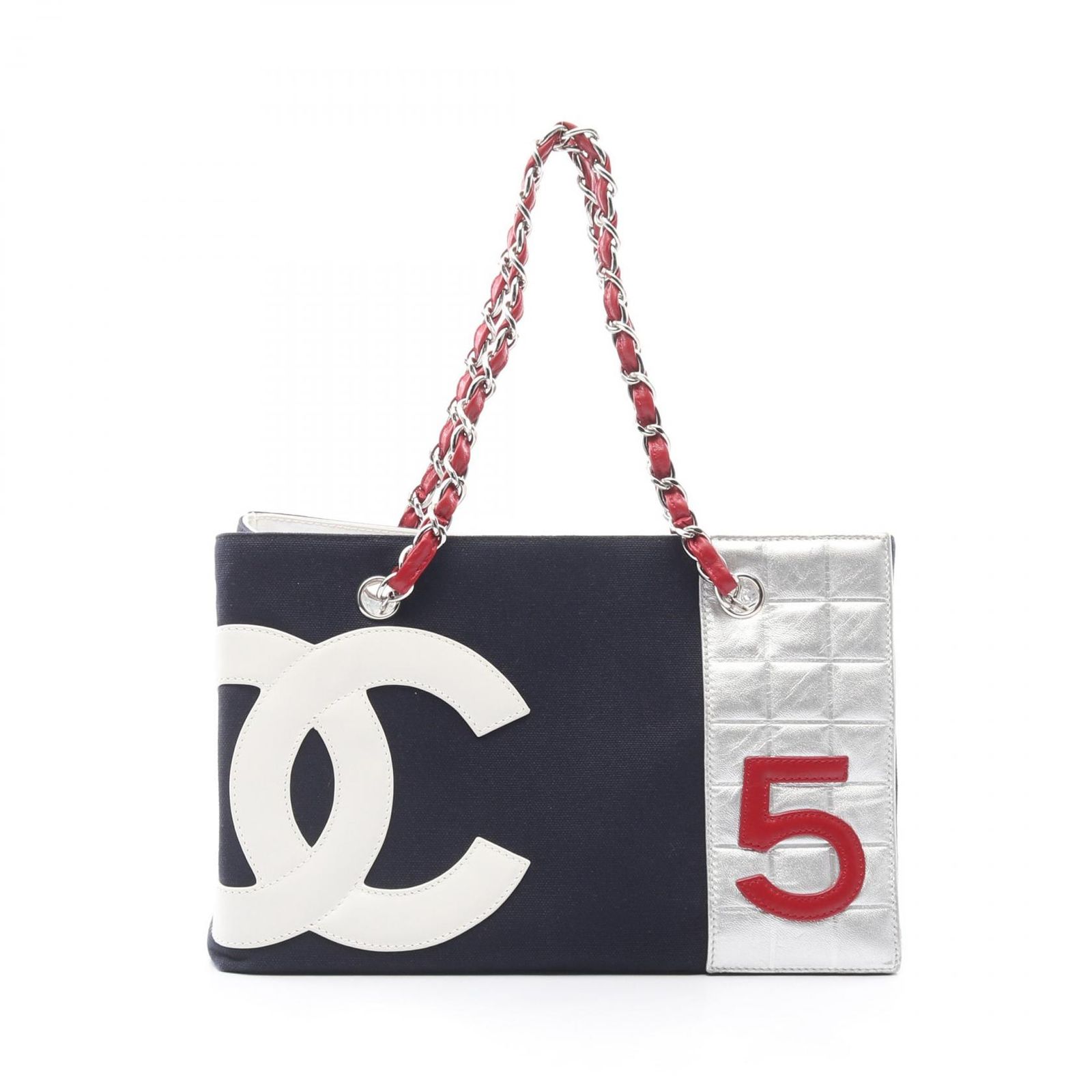 シャネル CHANEL トートバッグ No.5 チョコバー ココマーク A18643 ネイビー|シルバー|ホワイト キャンバス レザー NO.5 ココマーク チェーントートバッグ レディース Used A