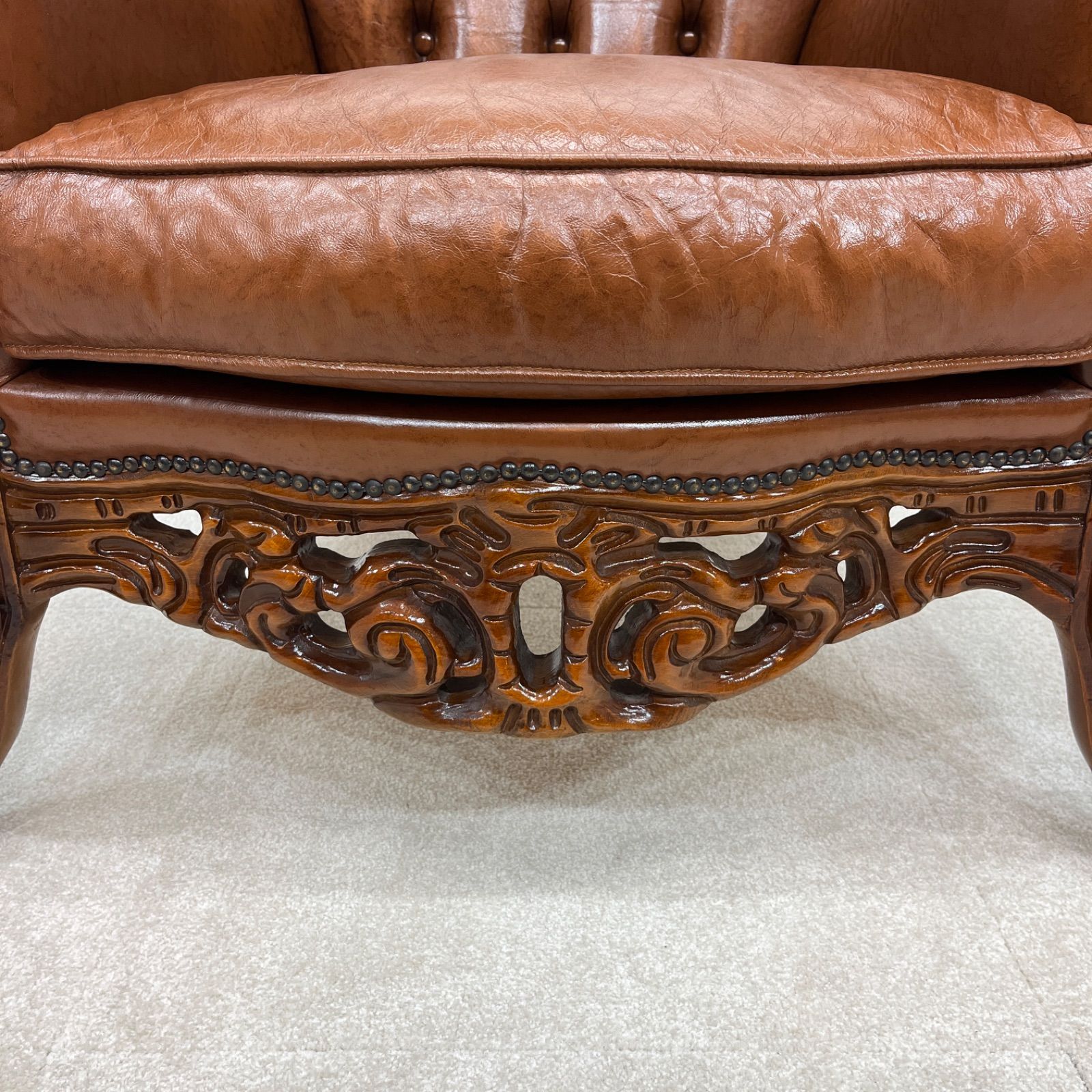 イタリア製 ロココ調 クラシック 革張り ソファー1P ② キズ有り