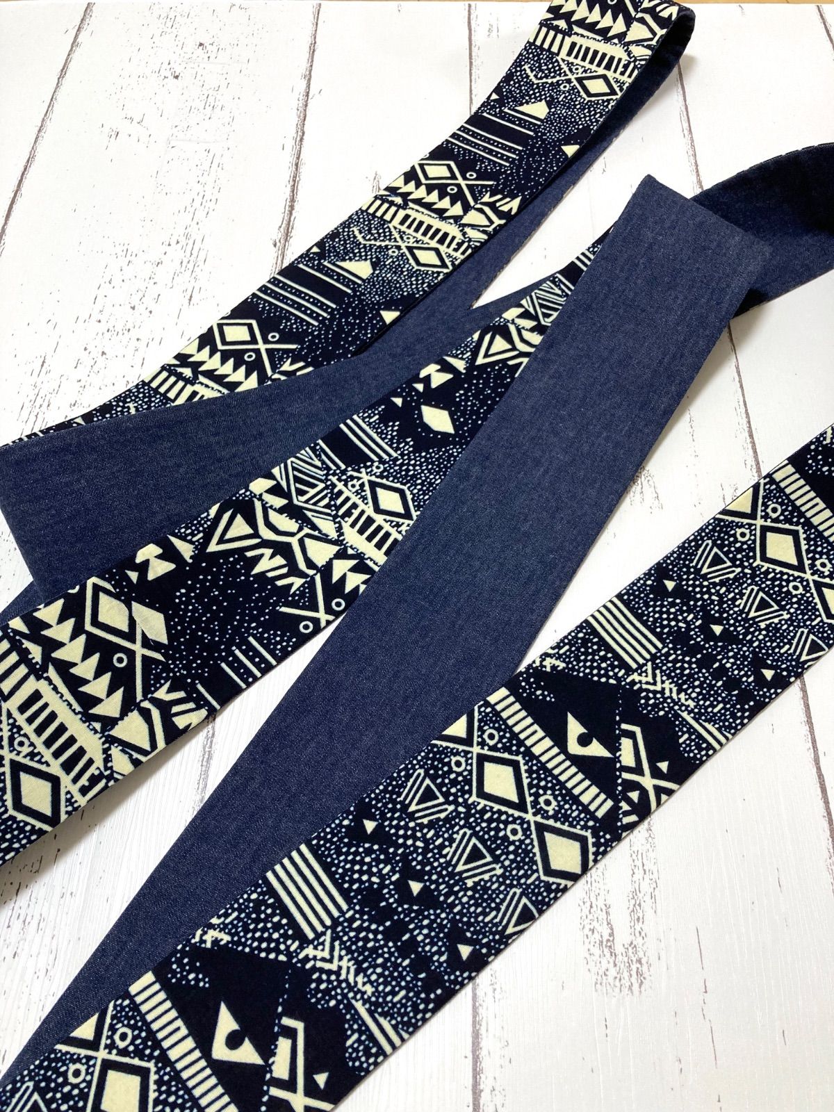 ︎ ︎角帯 男帯 リバーシブル アフリカンバティック 幾何学×岡山デニム メンズ ユニセックス お祭り 法被 木綿 ルツボ る壺+++