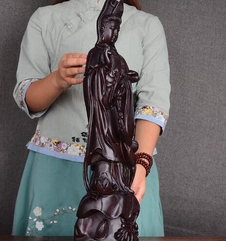 仏教美術 木彫仏像 精密細工 木彫り　黒檀木 観音菩薩像　仏像　置物 高さ30cm
