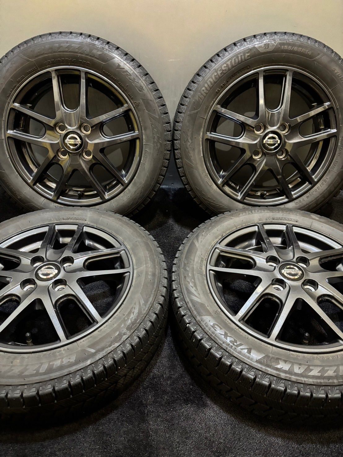 155|65R14 BRIDGESTONE|VRX3 22年製 日産 純正 OP 14インチ 4.5J 46 100 4H スタッドレス 4本 デイズ サクラ 南1-J356