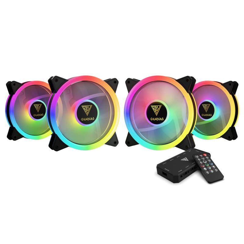 GAMDIAS RGB コンピューターケース 冷却ファン 120mm 4個パック 静音トリオリングPCファン アドレッサブルRGBファンハブ