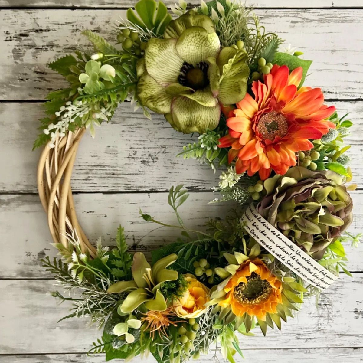 ＊フラワーリース＊　大きめ　ガーベラとローズのナチュラルリース ラプンツェルカラーのローズリース 大きいナチュラルリース オール